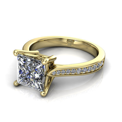 Myla princess-cut classic engagement ring in 14K Yellow Gold, three-quarter perspective showing the princess-cut center diamond in a four-prong cathedral head above a pave band