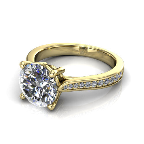 Myla round solitaire engagement ring in 14K Yellow Gold, three-quarter perspective showing the round center diamond in a four-prong cathedral head above a pave band