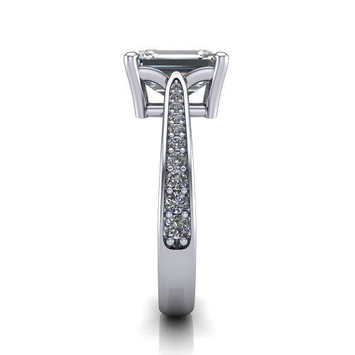Myla emerald-cut classic engagement ring in 18K White Gold, side profile showing the pave band, cathedral profile, and comfort-fit shank
