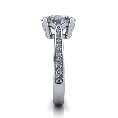 Myla oval classic engagement ring in 18K White Gold, side profile showing the pave band, cathedral profile, and comfort-fit shank