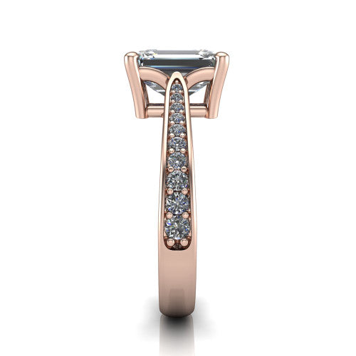 Myla emerald-cut classic engagement ring in 18K Rose Gold, side profile showing the pave band, cathedral profile, and comfort-fit shank