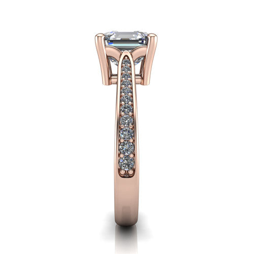 Myla square emerald-cut classic engagement ring in 14K Rose Gold, side profile showing the pave band, cathedral profile, and comfort-fit shank