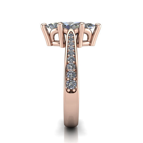 Myla marquise classic engagement ring in 18K Rose Gold, side profile showing the pave band, cathedral profile, and comfort-fit shank