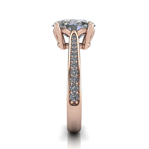 Myla oval classic engagement ring in 14K Rose Gold, side profile showing the pave band, cathedral profile, and comfort-fit shank