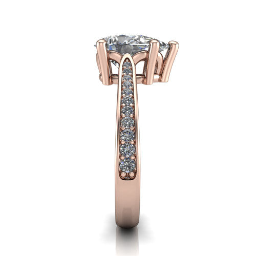 Myla pear classic engagement ring in 14K Rose Gold, side profile showing the pave band, cathedral profile, and comfort-fit shank