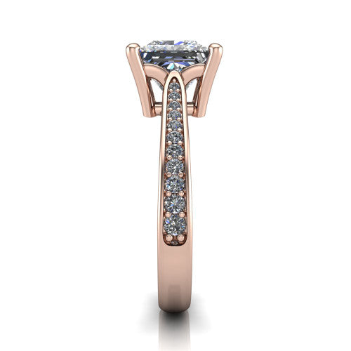 Myla princess-cut classic engagement ring in 18K Rose Gold, side profile showing the pave band, cathedral profile, and comfort-fit shank