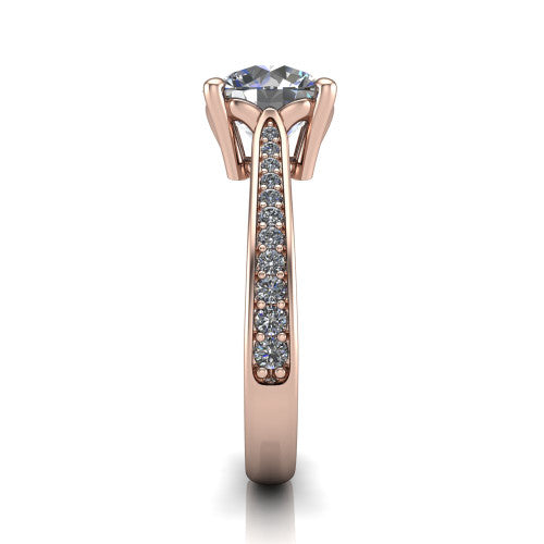 Myla round solitaire engagement ring in 18K Rose Gold, side profile showing the pave band, cathedral profile, and comfort-fit shank