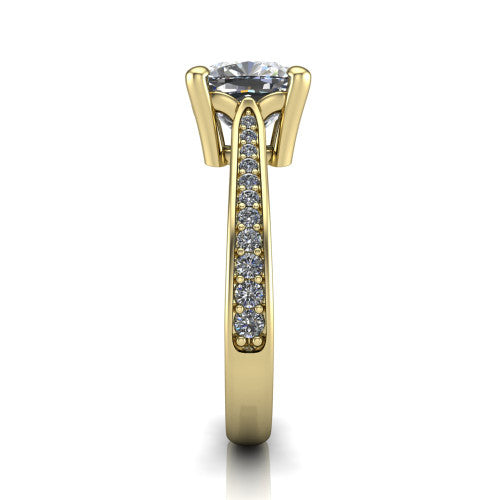 Myla cushion classic engagement ring in 14K Yellow Gold, side profile showing the pave band, cathedral profile, and comfort-fit shank