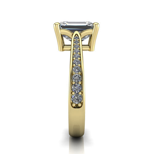 Myla emerald-cut classic engagement ring in 14K Yellow Gold, side profile showing the pave band, cathedral profile, and comfort-fit shank