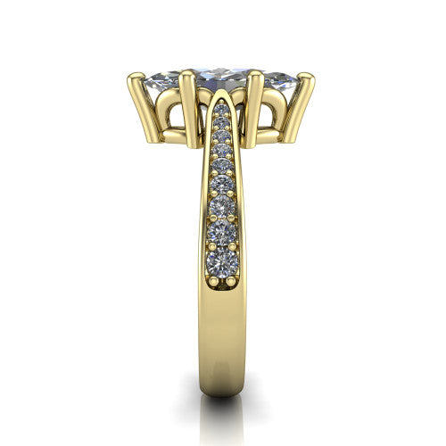 Myla marquise classic engagement ring in 14K Yellow Gold, side profile showing the pave band, cathedral profile, and comfort-fit shank