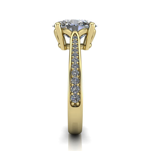 Myla oval classic engagement ring in 14K Yellow Gold, side profile showing the pave band, cathedral profile, and comfort-fit shank