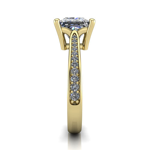 Myla princess-cut classic engagement ring in 18K Yellow Gold, side profile showing the pave band, cathedral profile, and comfort-fit shank