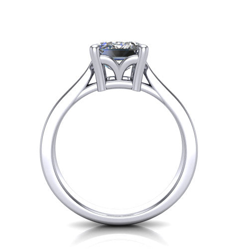 Myla emerald-cut classic engagement ring in Platinum, through-finger front profile showing the cathedral head and open under-gallery from the front