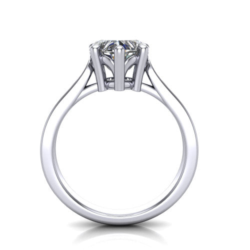 Myla heart classic engagement ring in Platinum, through-finger front profile showing the cathedral head and open under-gallery from the front