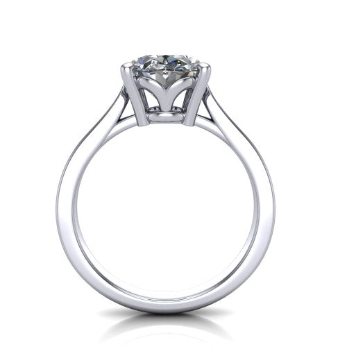 Myla oval classic engagement ring in Platinum, through-finger front profile showing the cathedral head and open under-gallery from the front