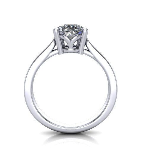 Myla pear classic engagement ring in Platinum, through-finger front profile showing the cathedral head and open under-gallery from the front