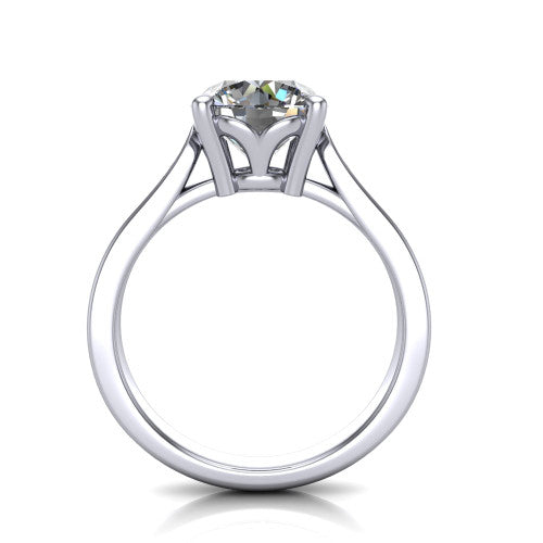 Myla round solitaire engagement ring in Platinum, through-finger front profile showing the cathedral head and open under-gallery from the front