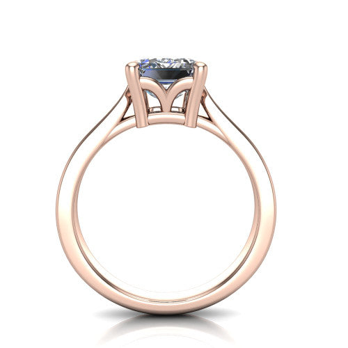 Myla emerald-cut classic engagement ring in 18K Rose Gold, through-finger front profile showing the cathedral head and open under-gallery from the front