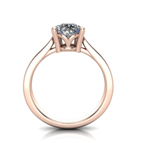 Myla pear classic engagement ring in 14K Rose Gold, through-finger front profile showing the cathedral head and open under-gallery from the front