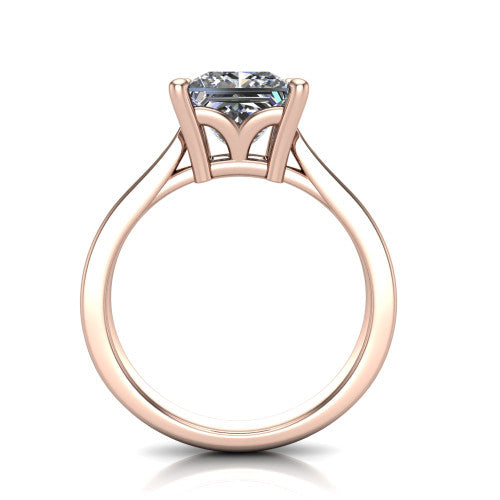 Myla princess-cut classic engagement ring in 18K Rose Gold, through-finger front profile showing the cathedral head and open under-gallery from the front