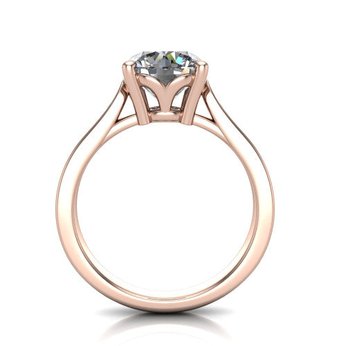 Myla round solitaire engagement ring in 18K Rose Gold, through-finger front profile showing the cathedral head and open under-gallery from the front