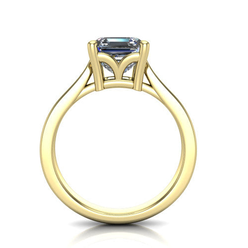 Myla square emerald-cut classic engagement ring in 14K Yellow Gold, through-finger front profile showing the cathedral head and open under-gallery from the front