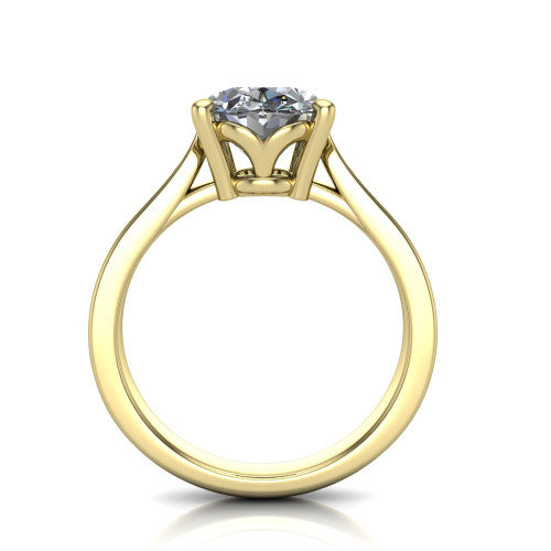 Myla oval classic engagement ring in 14K Yellow Gold, through-finger front profile showing the cathedral head and open under-gallery from the front