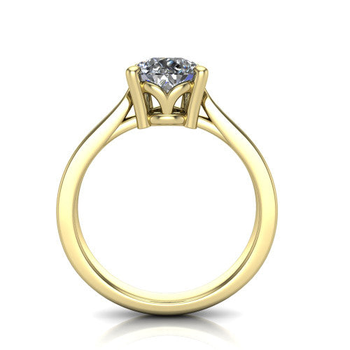 Myla pear classic engagement ring in 18K Yellow Gold, through-finger front profile showing the cathedral head and open under-gallery from the front