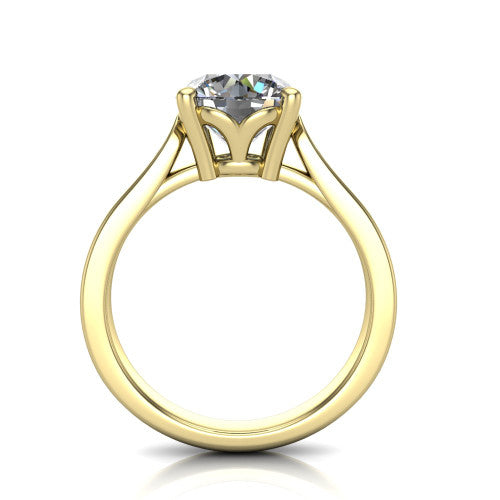 Myla round solitaire engagement ring in 18K Yellow Gold, through-finger front profile showing the cathedral head and open under-gallery from the front