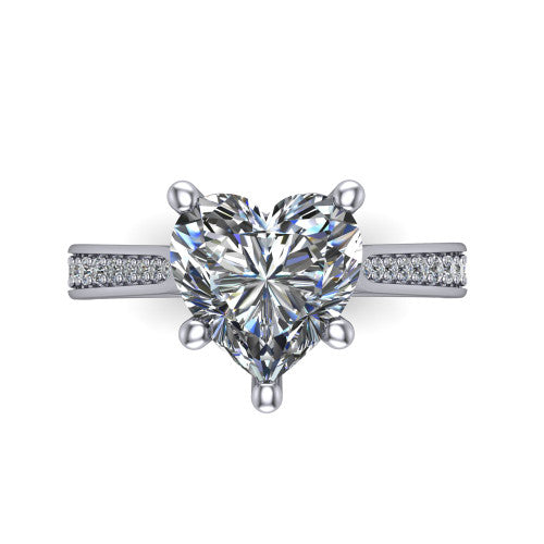 Myla heart classic engagement ring in 18K White Gold, top-down view showing the heart center diamond from above in its four-prong head