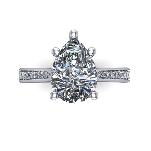 Myla pear classic engagement ring in 14K White Gold, top-down view showing the pear center diamond from above in its four-prong head