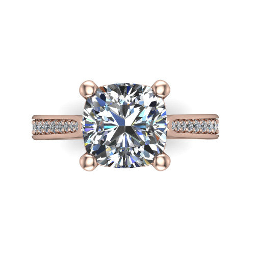 Myla cushion classic engagement ring in 18K Rose Gold, top-down view showing the cushion center diamond from above in its four-prong head