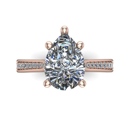 Myla pear classic engagement ring in 14K Rose Gold, top-down view showing the pear center diamond from above in its four-prong head