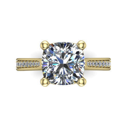Myla cushion classic engagement ring in 14K Yellow Gold, top-down view showing the cushion center diamond from above in its four-prong head
