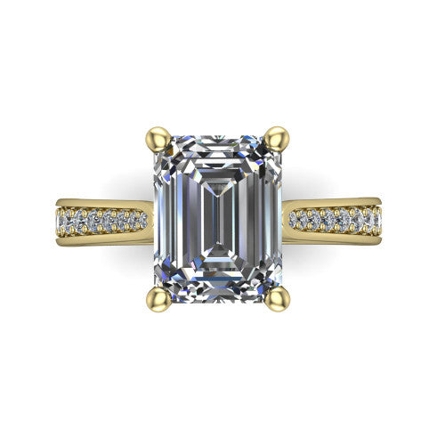 Myla emerald-cut classic engagement ring in 18K Yellow Gold, top-down view showing the emerald-cut center diamond from above in its four-prong head