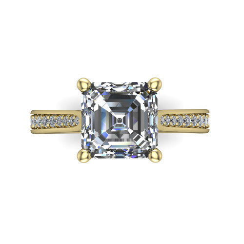 Myla square emerald-cut classic engagement ring in 18K Yellow Gold, top-down view showing the square emerald-cut center diamond from above in its four-prong head