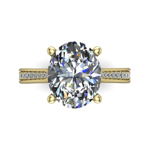 Myla oval classic engagement ring in 14K Yellow Gold, top-down view showing the oval center diamond from above in its four-prong head