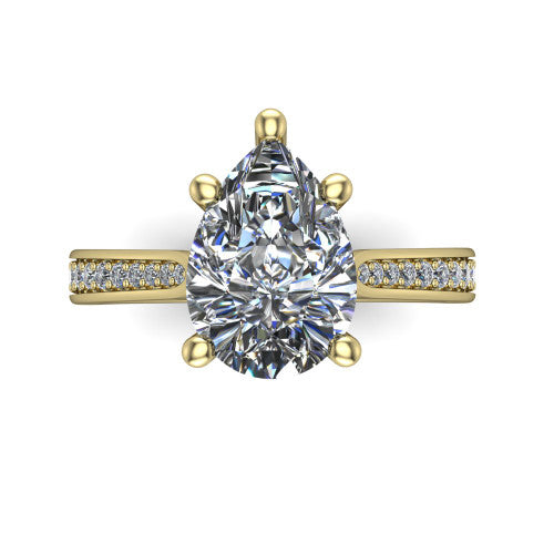Myla pear classic engagement ring in 18K Yellow Gold, top-down view showing the pear center diamond from above in its four-prong head