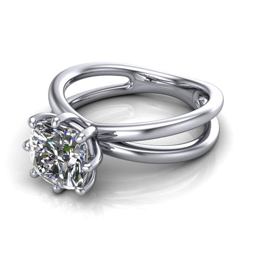 Rain cushion classic engagement ring in Platinum, three-quarter perspective showing the cushion center diamond in a double-claw head above a split polished band