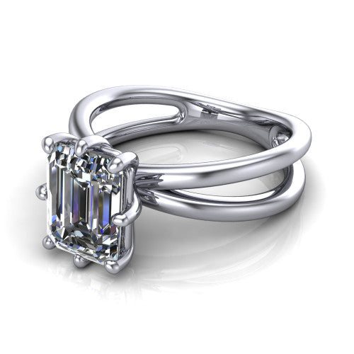 Rain emerald-cut classic engagement ring in 14K White Gold, three-quarter perspective showing the emerald-cut center diamond in a double-claw head above a split polished band