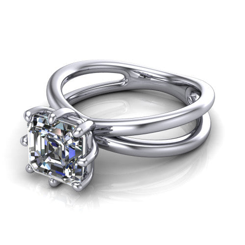 Rain square emerald-cut classic engagement ring in 14K White Gold, three-quarter perspective showing the square emerald-cut center diamond in a double-claw head above a split polished band