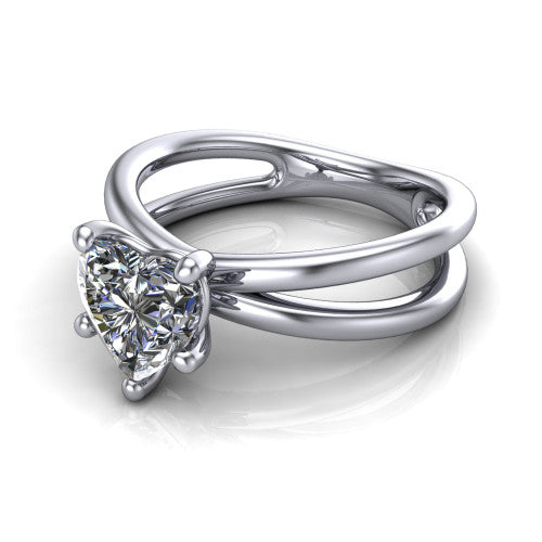 Rain heart classic engagement ring in 18K White Gold, three-quarter perspective showing the heart center diamond in a double-claw head above a split polished band
