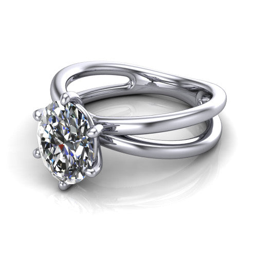 Rain oval classic engagement ring in 14K White Gold, three-quarter perspective showing the oval center diamond in a double-claw head above a split polished band