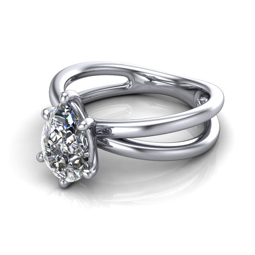 Rain pear classic engagement ring in 14K White Gold, three-quarter perspective showing the pear center diamond in a double-claw head above a split polished band