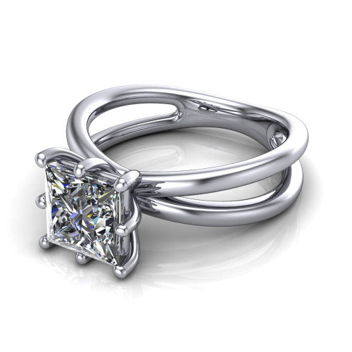 Rain princess-cut classic engagement ring in Platinum, three-quarter perspective showing the princess-cut center diamond in a double-claw head above a split polished band
