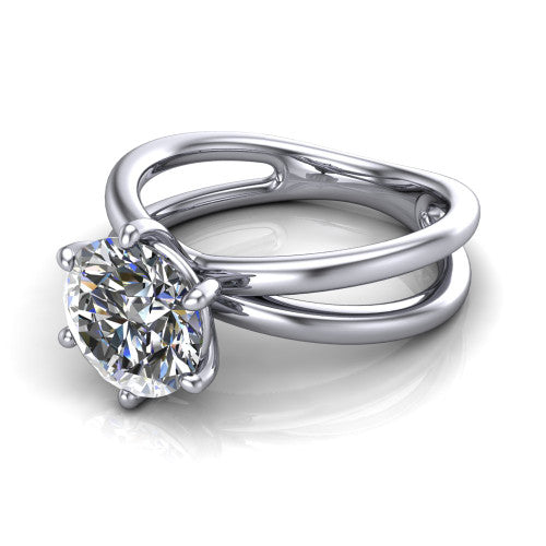 Rain round classic engagement ring in Platinum, three-quarter perspective showing the round center diamond in a double-claw head above a split polished band