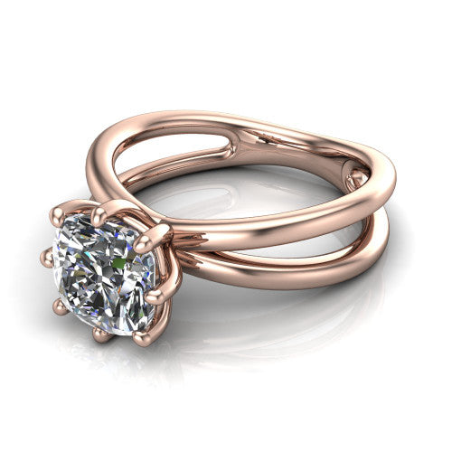Rain cushion classic engagement ring in 18K Rose Gold, three-quarter perspective showing the cushion center diamond in a double-claw head above a split polished band