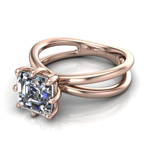 Rain square emerald-cut classic engagement ring in 14K Rose Gold, three-quarter perspective showing the square emerald-cut center diamond in a double-claw head above a split polished band