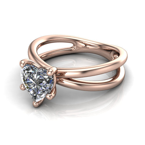Rain heart classic engagement ring in 18K Rose Gold, three-quarter perspective showing the heart center diamond in a double-claw head above a split polished band
