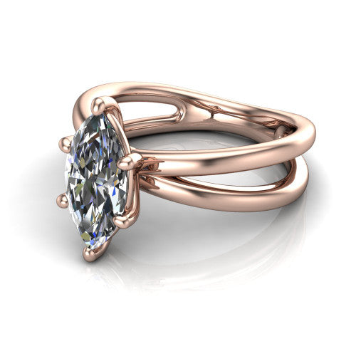 Rain marquise classic engagement ring in 14K Rose Gold, three-quarter perspective showing the marquise center diamond in a double-claw head above a split polished band